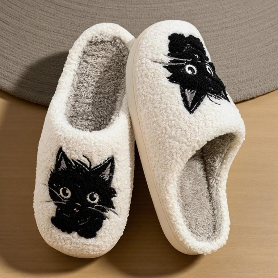 Women’s Black Cat Plush Home Slippers