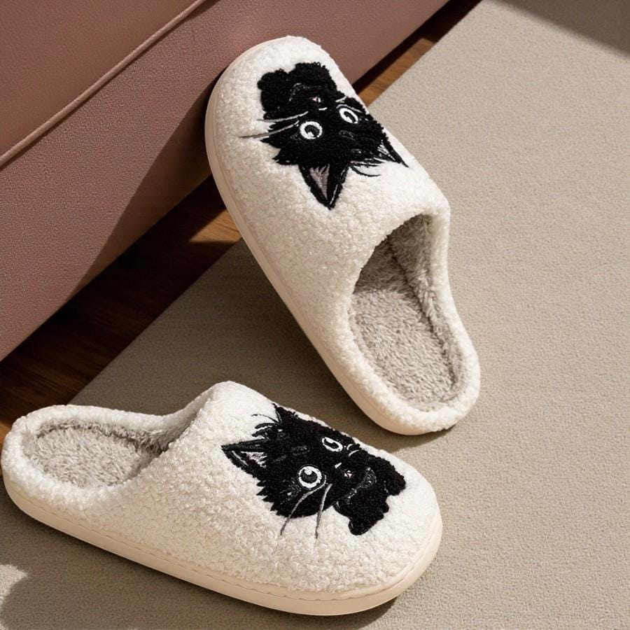 Women’s Black Cat Plush Home Slippers