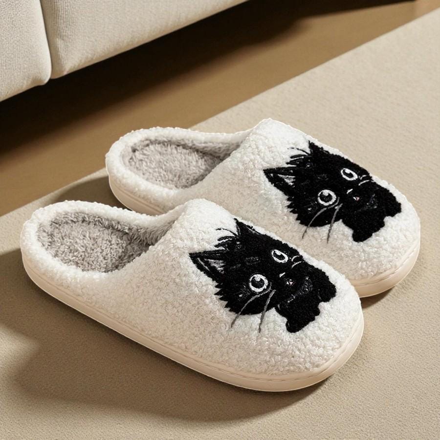 Women’s Black Cat Plush Home Slippers