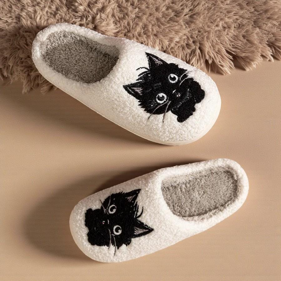 Women’s Black Cat Plush Home Slippers