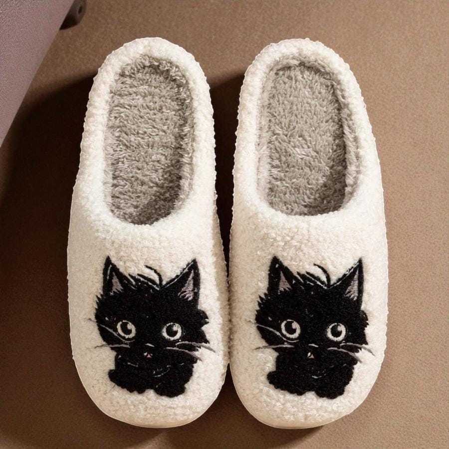 Women’s Black Cat Plush Home Slippers